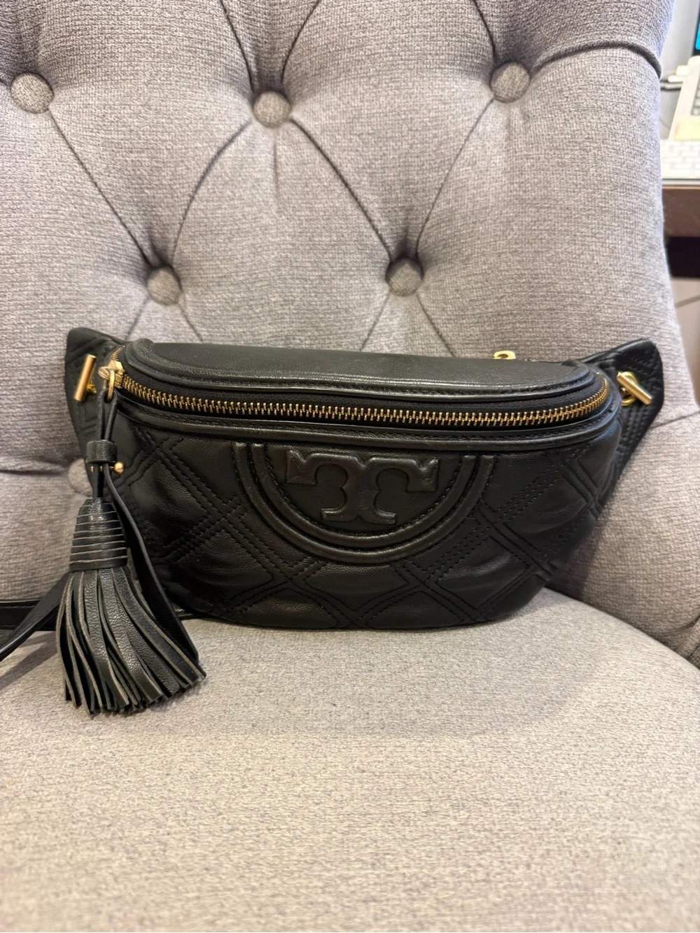 Tory Burch Black Quilted Leather Crossbody Belt Bag with Tassel